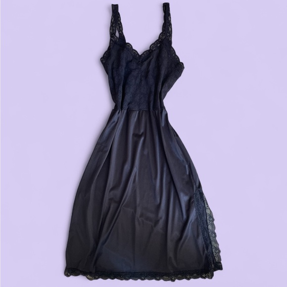 Vintage 80s Black Lace Slip Dress (M) - Picture 1 of 7